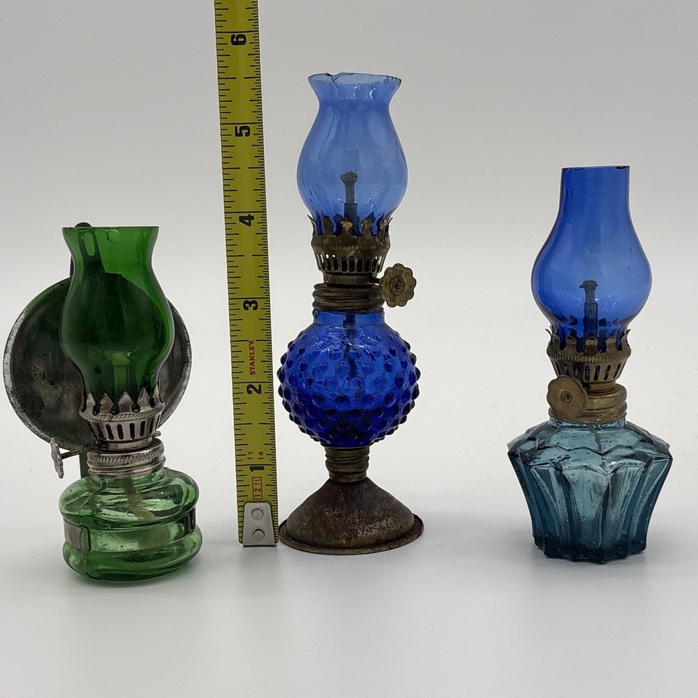 Vintage Miniature Colored Glass Oil Lamps Set Cobalt Hobnail Green Blue Lot of 3 - Picture 11 of 11